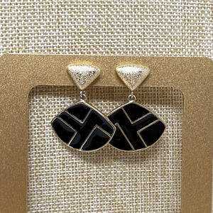 Vintage Trifari Gold Tone Black Enamel Dangle Pierced Earrings 1.375 inch